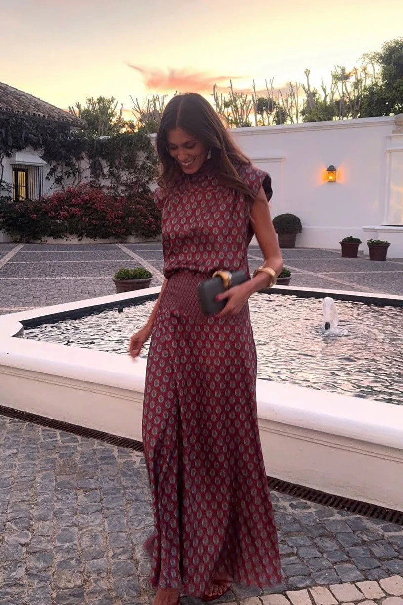Coordinated Retro Print Scarf Neck Top & Flowing Maxi Skirt Two-Piece Set
