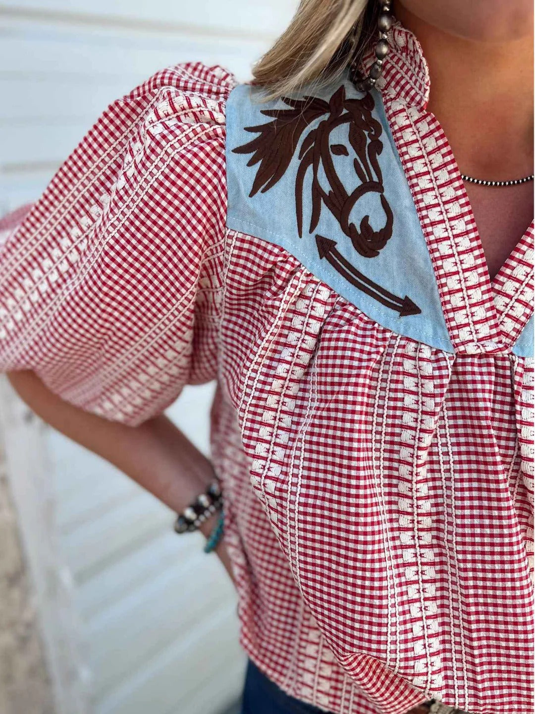 Modern Prairie Horse Gingham Puff Sleeve Blouse