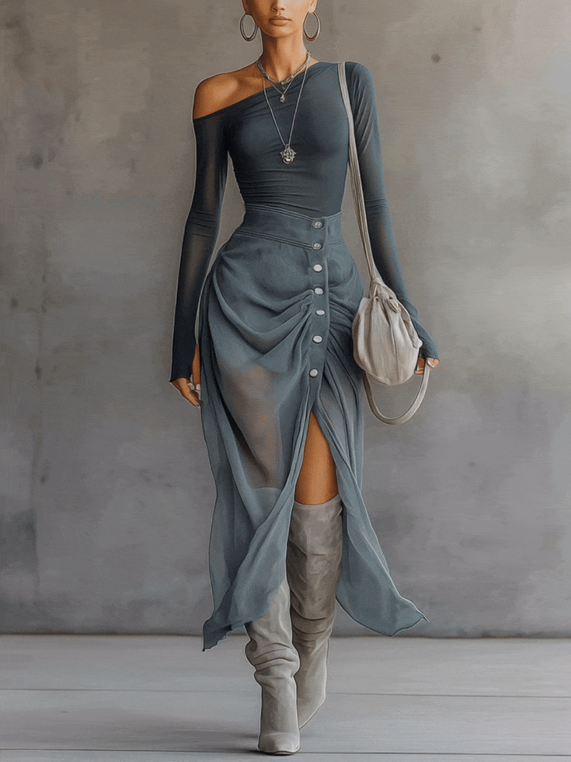 Asymmetrical Sheer Gray Cut-Out Set