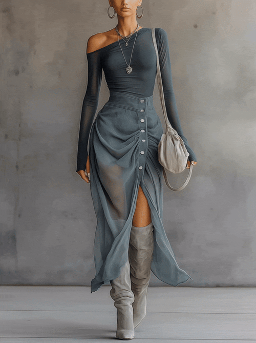 Asymmetrical Sheer Gray Cut-Out Set