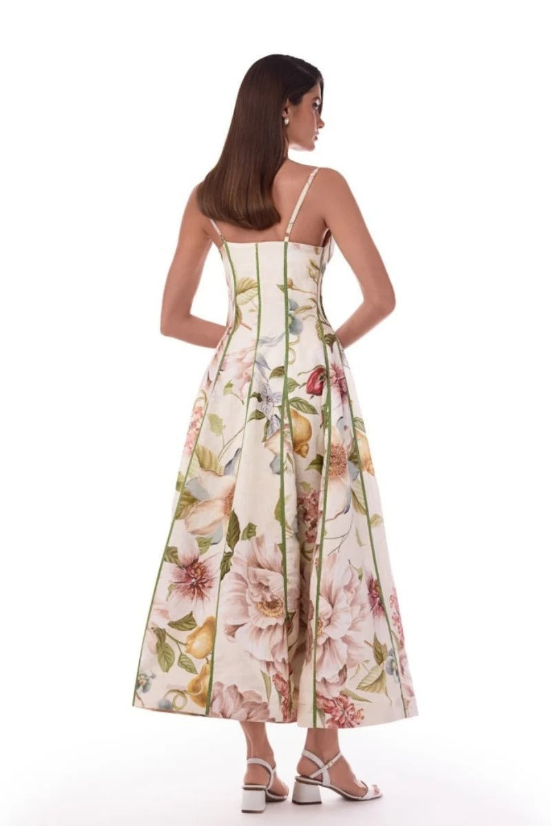 Cream Flower Corset Bustier Midi-Length Dress