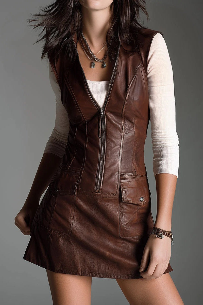 Chocolate Brown Eco Leather Zip-Front Mini-Length Dress With Utility Pockets