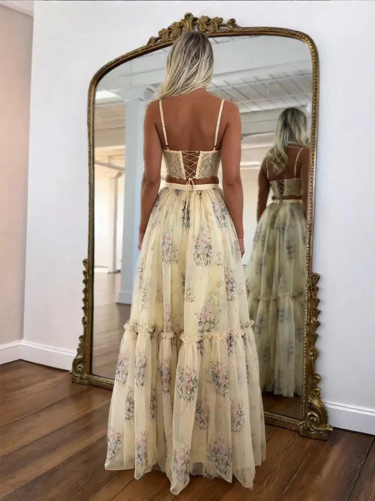 Pale Yellow Flower Print Skirt Set