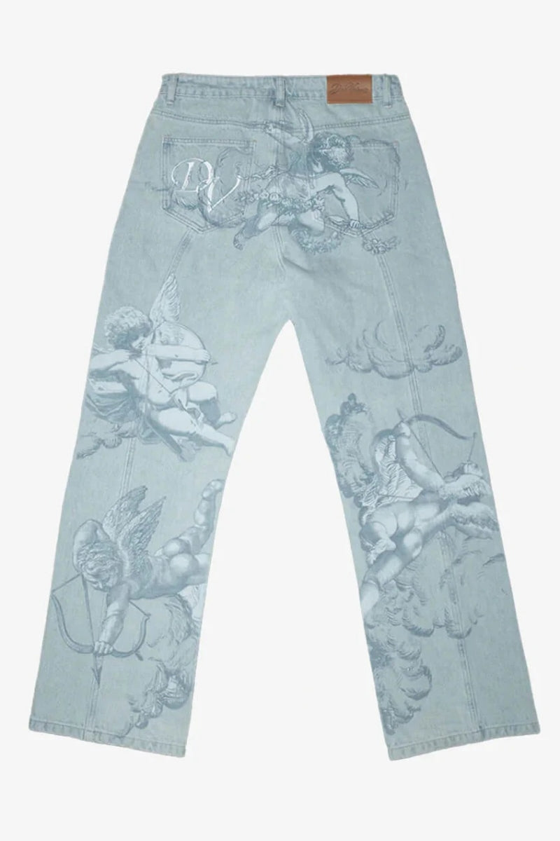 Modern Cupid Print Washed Blue Jeans