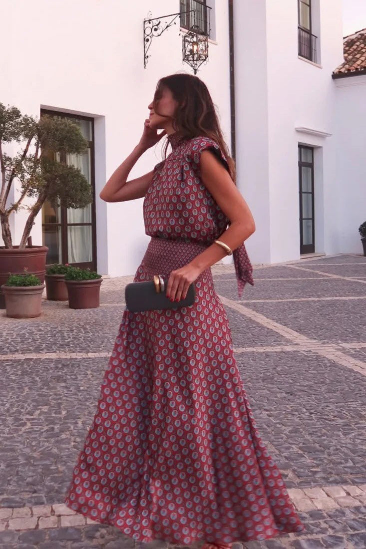 Coordinated Retro Print Scarf Neck Top & Flowing Maxi Skirt Two-Piece Set