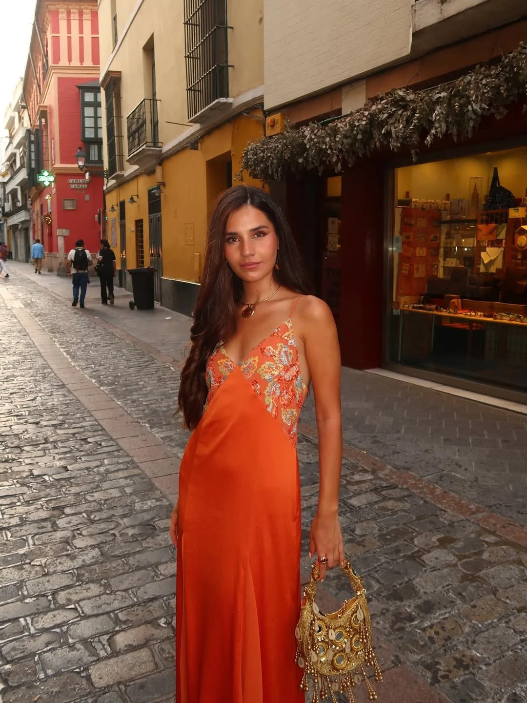 Boho Flower Print V-Neck Satin Slip Maxi-Length Dress