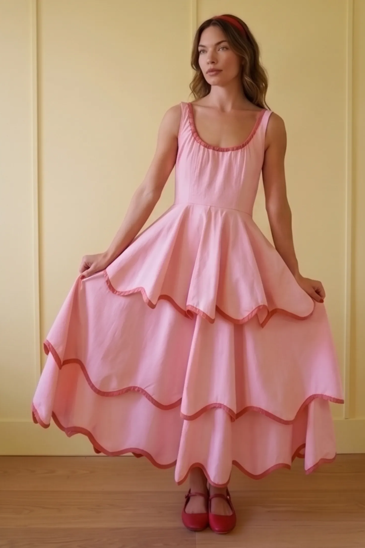 U-Neck Tiered Cake Midi-Length Dress
