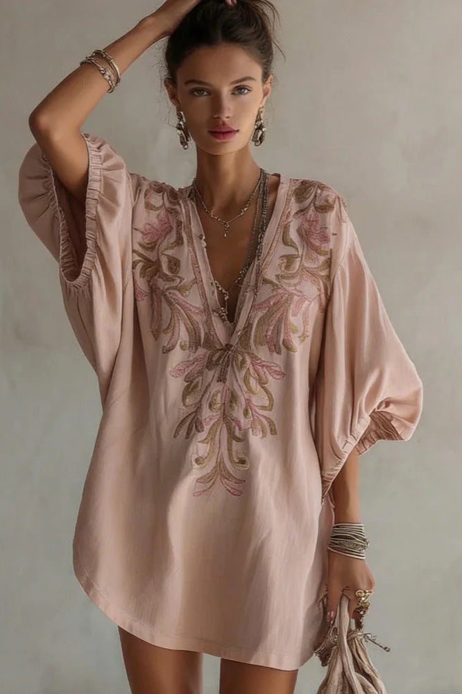 Embroidered Linen Mini-Length Dress