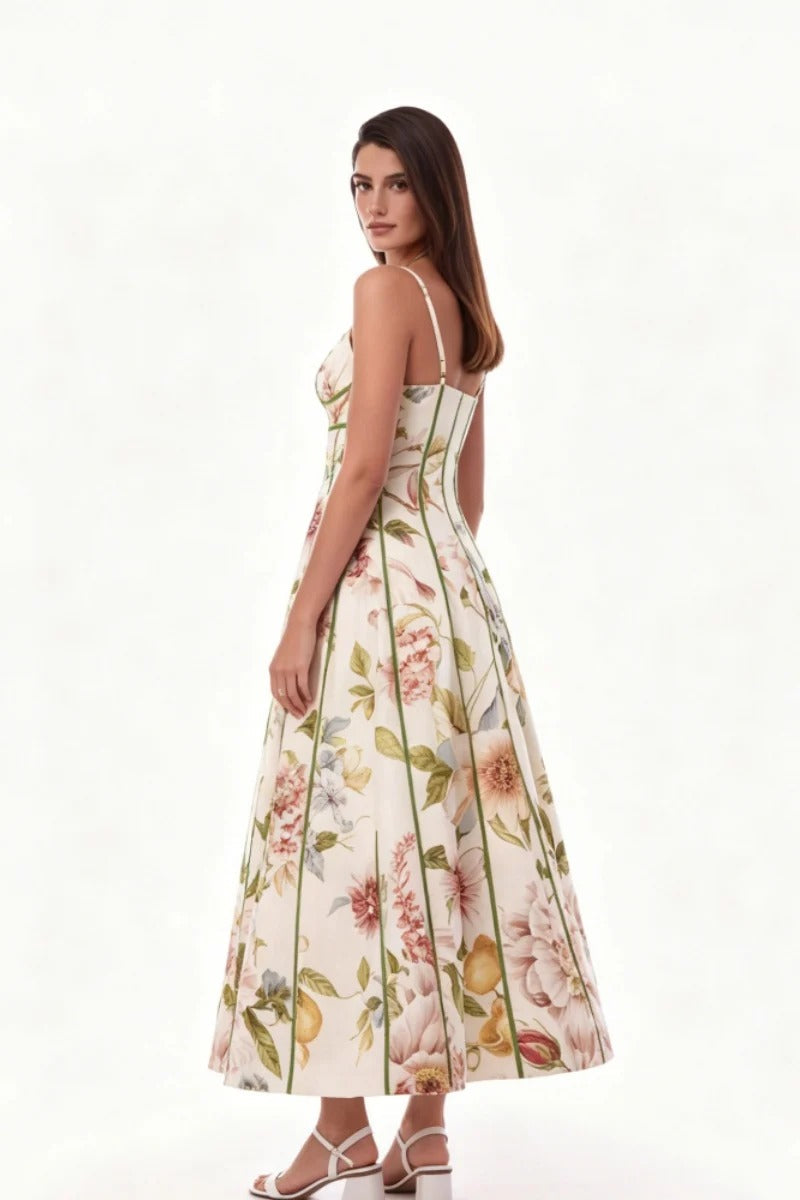 Cream Flower Corset Bustier Midi-Length Dress