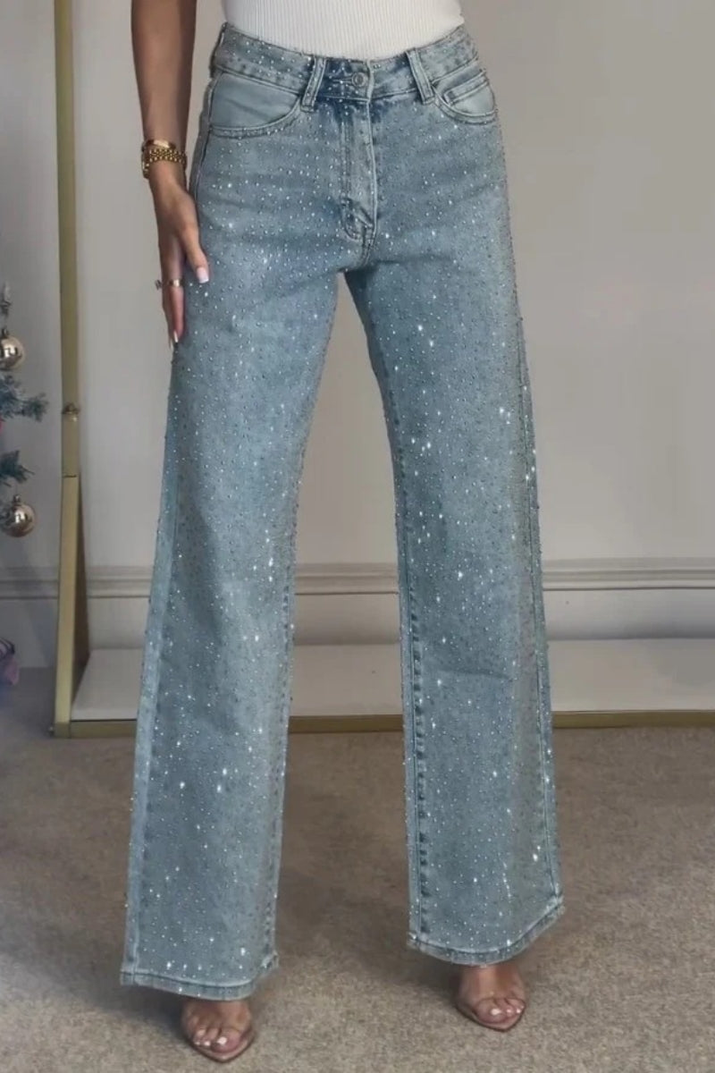 High Waisted Diamante Straight-Leg Jeans