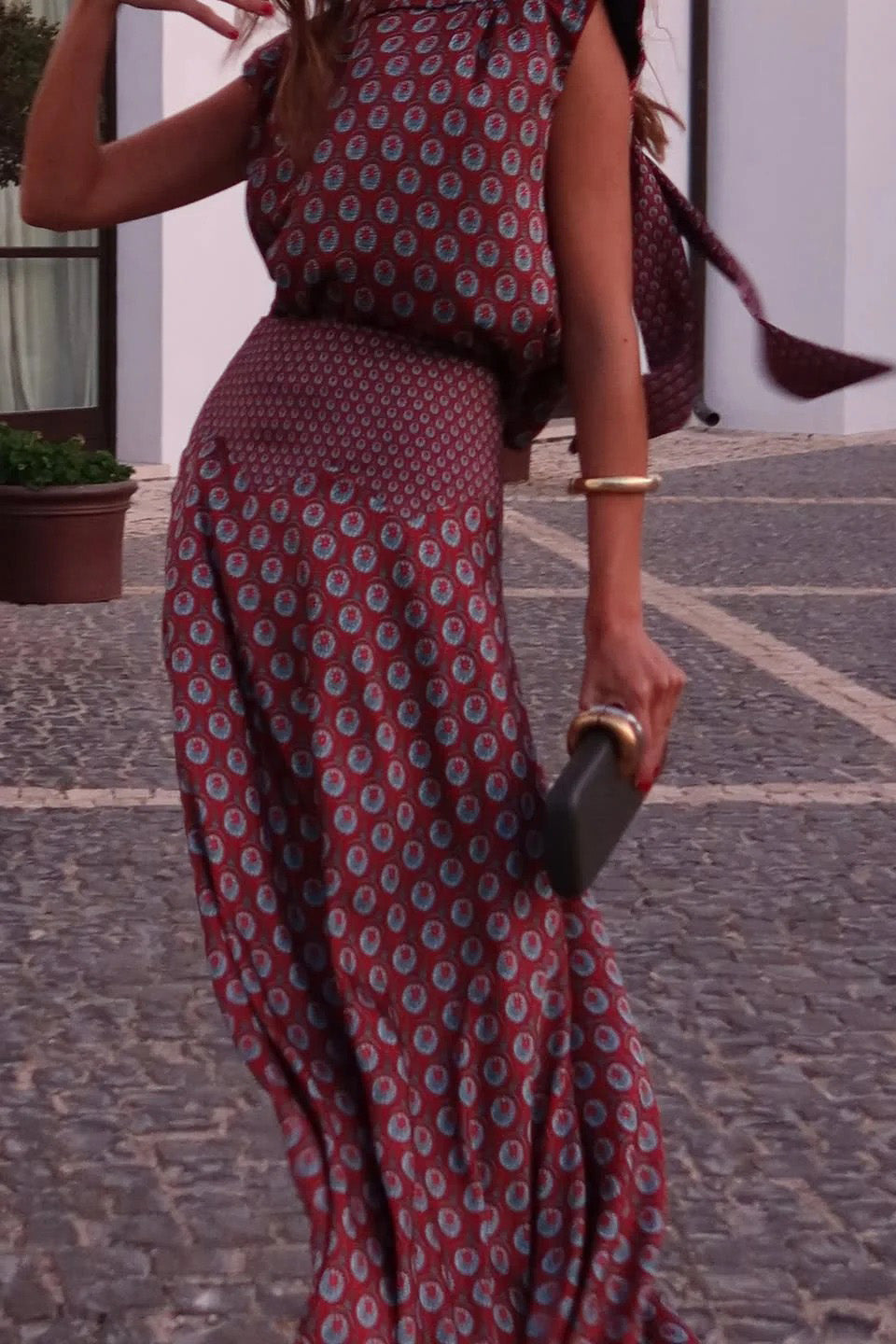 Coordinated Retro Print Scarf Neck Top & Flowing Maxi Skirt Two-Piece Set