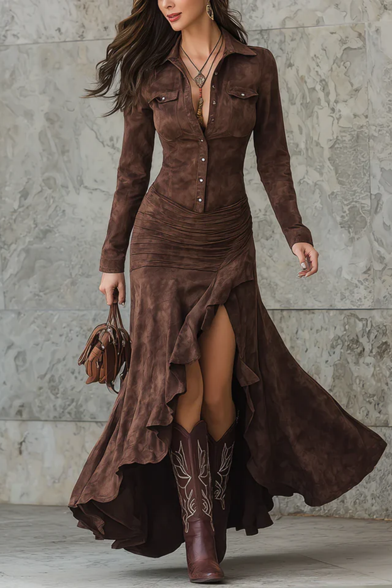 Retro Brown Irregular Ruffled Lapel Long Dress