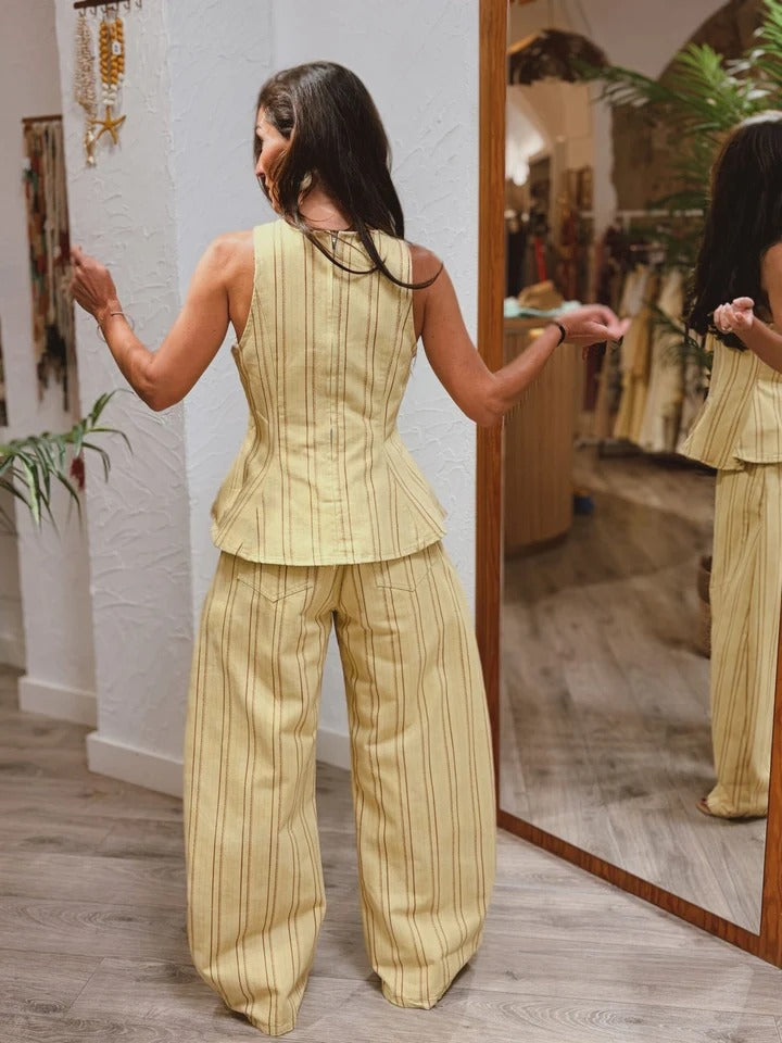 Trousers Set Yellow Striped Peplum Top & Wide-Leg