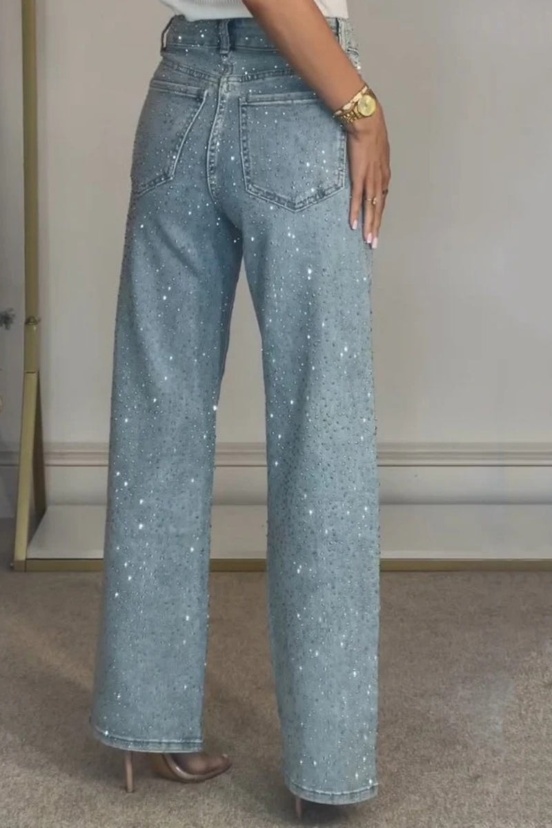 High Waisted Diamante Straight-Leg Jeans