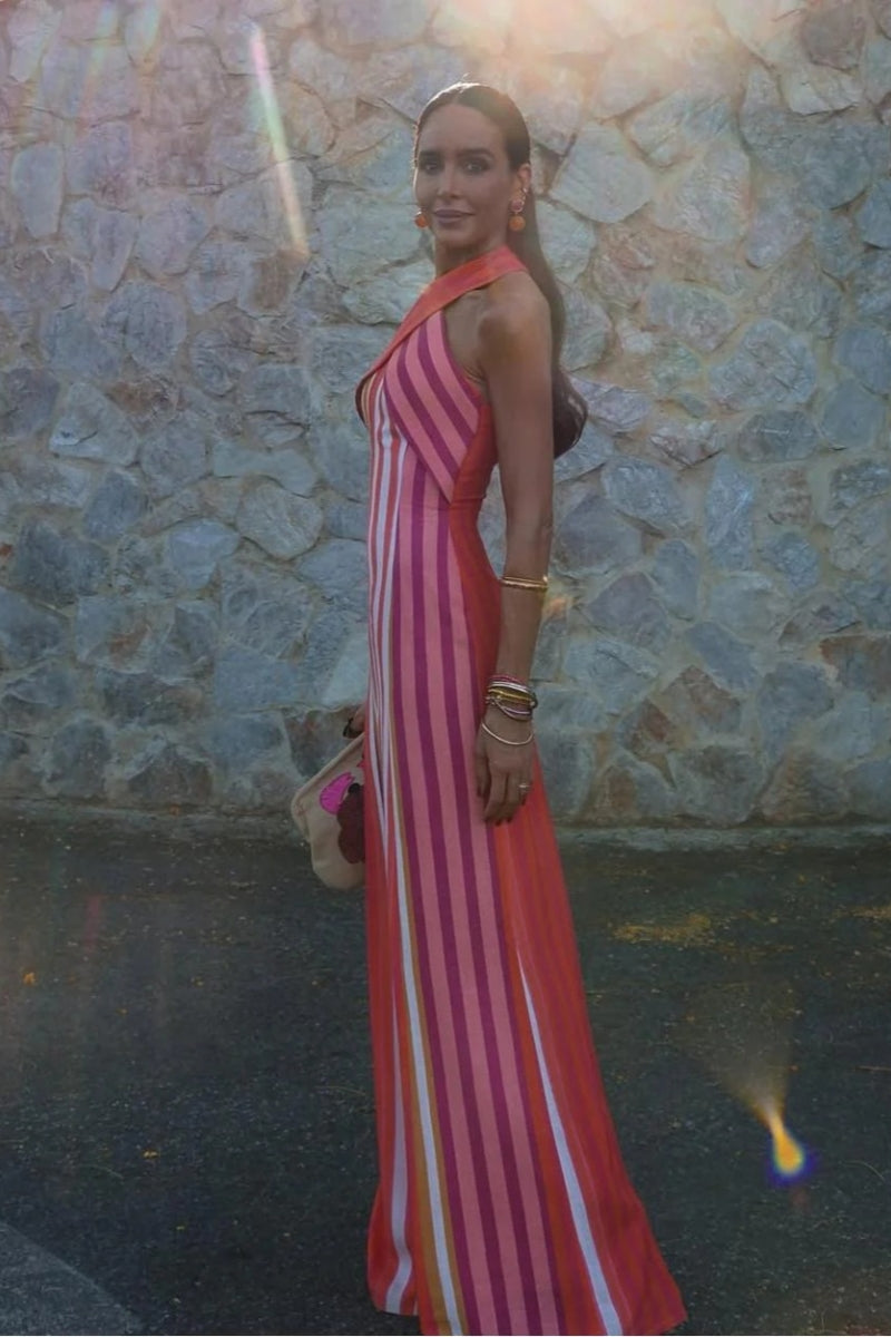 Modern Sunset Samba Cross-Halter Stripe Dress