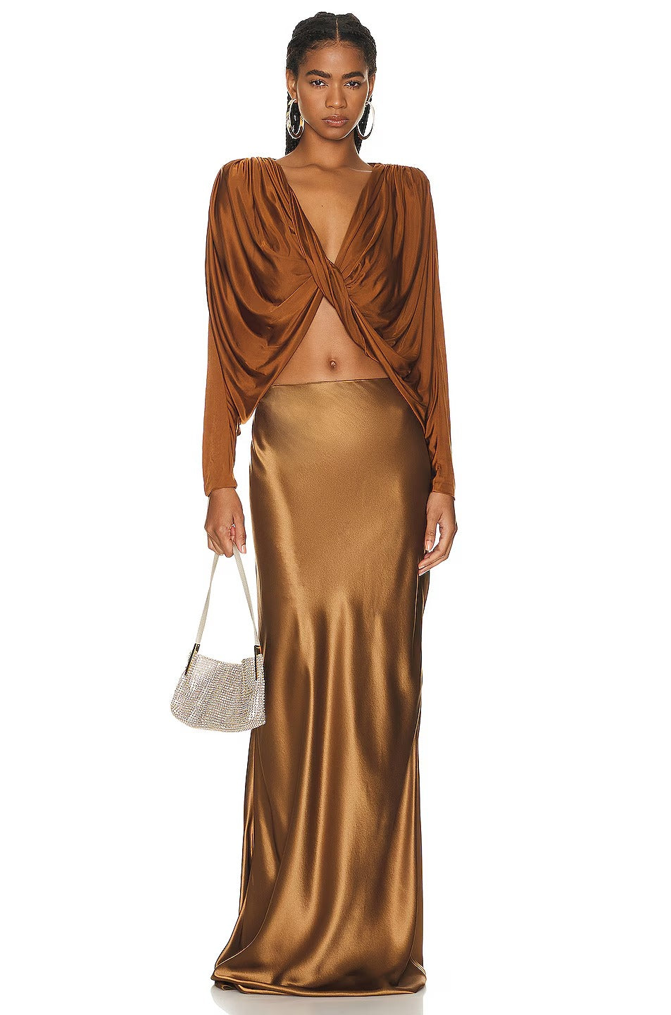 Modern Brown Satin Twisted Draped Crop Top