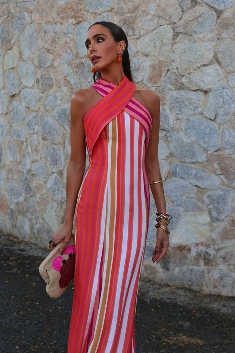 Modern Sunset Samba Cross-Halter Stripe Dress