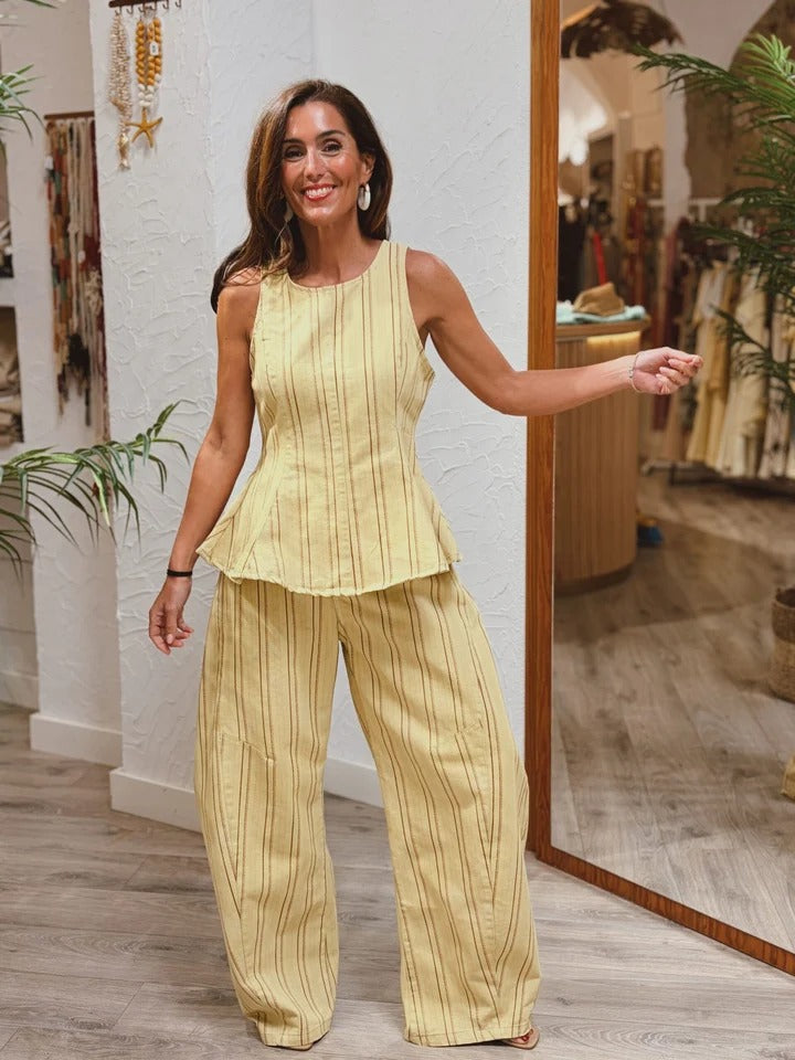Trousers Set Yellow Striped Peplum Top & Wide-Leg