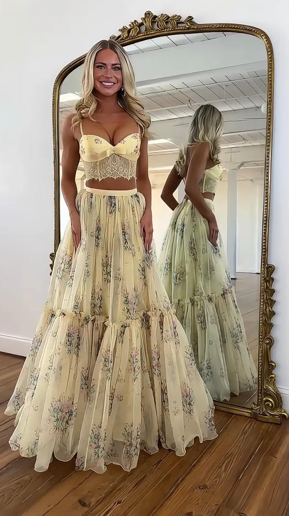 Pale Yellow Flower Print Skirt Set