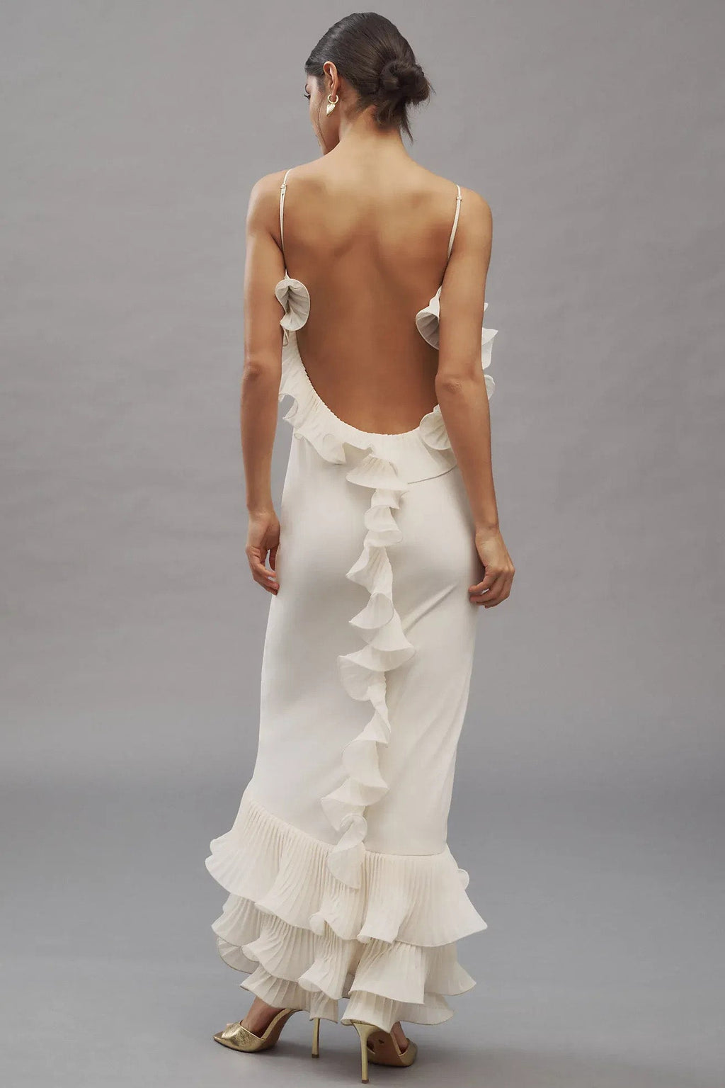 White Ruffled Open Back Slip Maxi-Length Dress