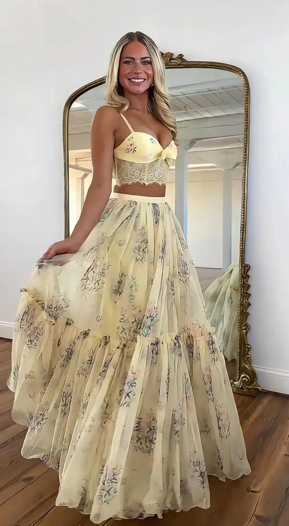 Pale Yellow Flower Print Skirt Set
