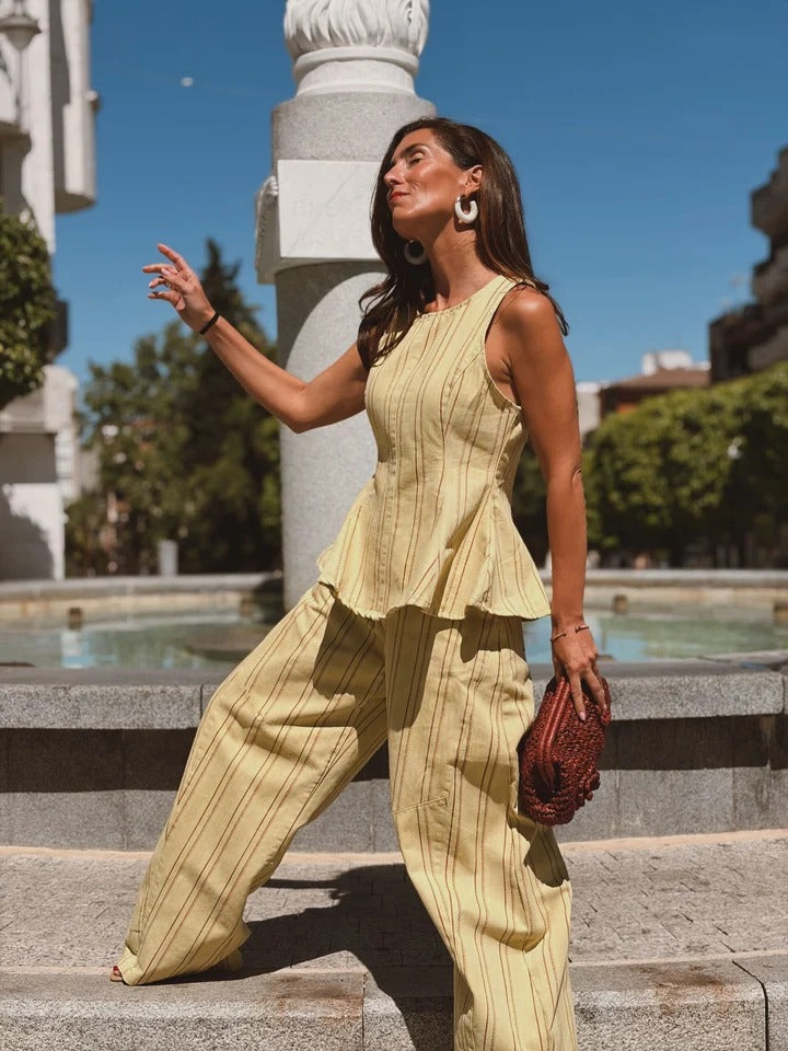 Trousers Set Yellow Striped Peplum Top & Wide-Leg