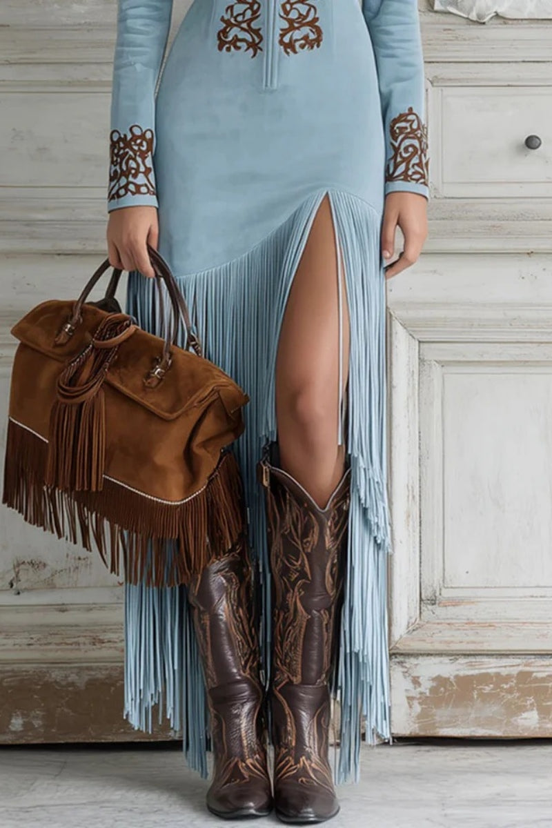 Western Half-Zip Embroidered Faux Suede Fringe Maxi-Length Dress