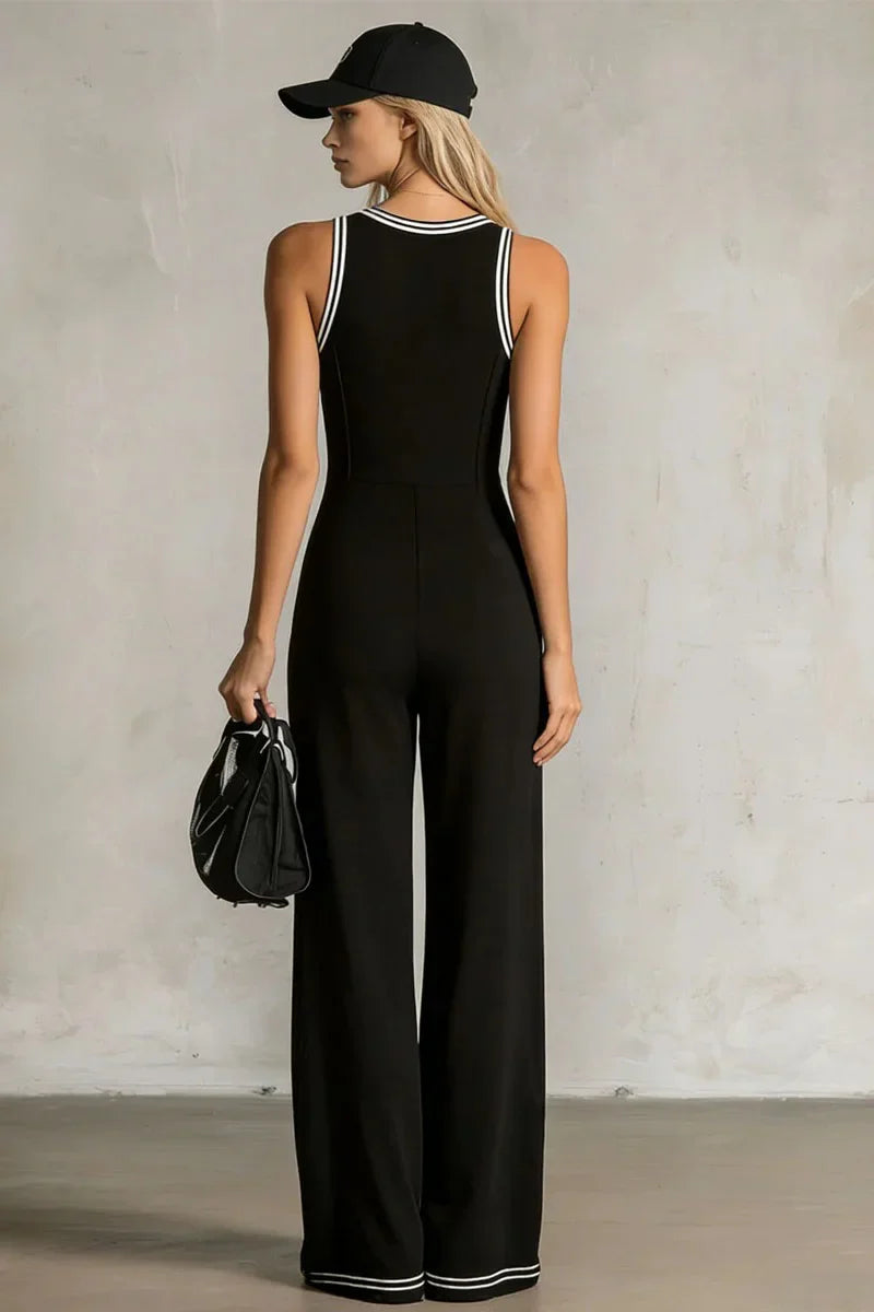 Color-Blocked V-Neck Button-Front Sleeveless Jumpsuit