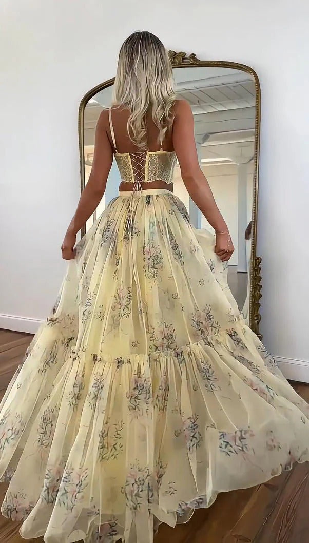 Pale Yellow Flower Print Skirt Set