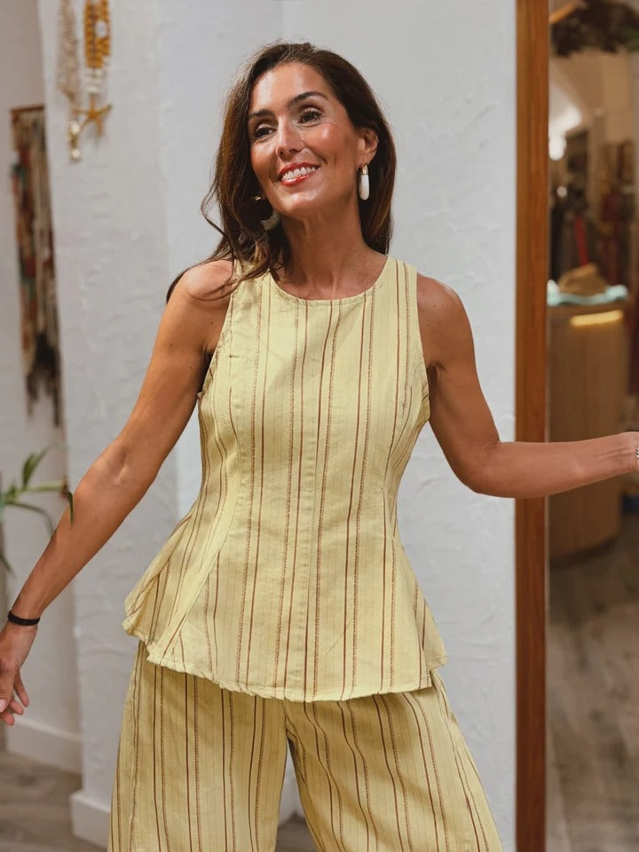 Trousers Set Yellow Striped Peplum Top & Wide-Leg