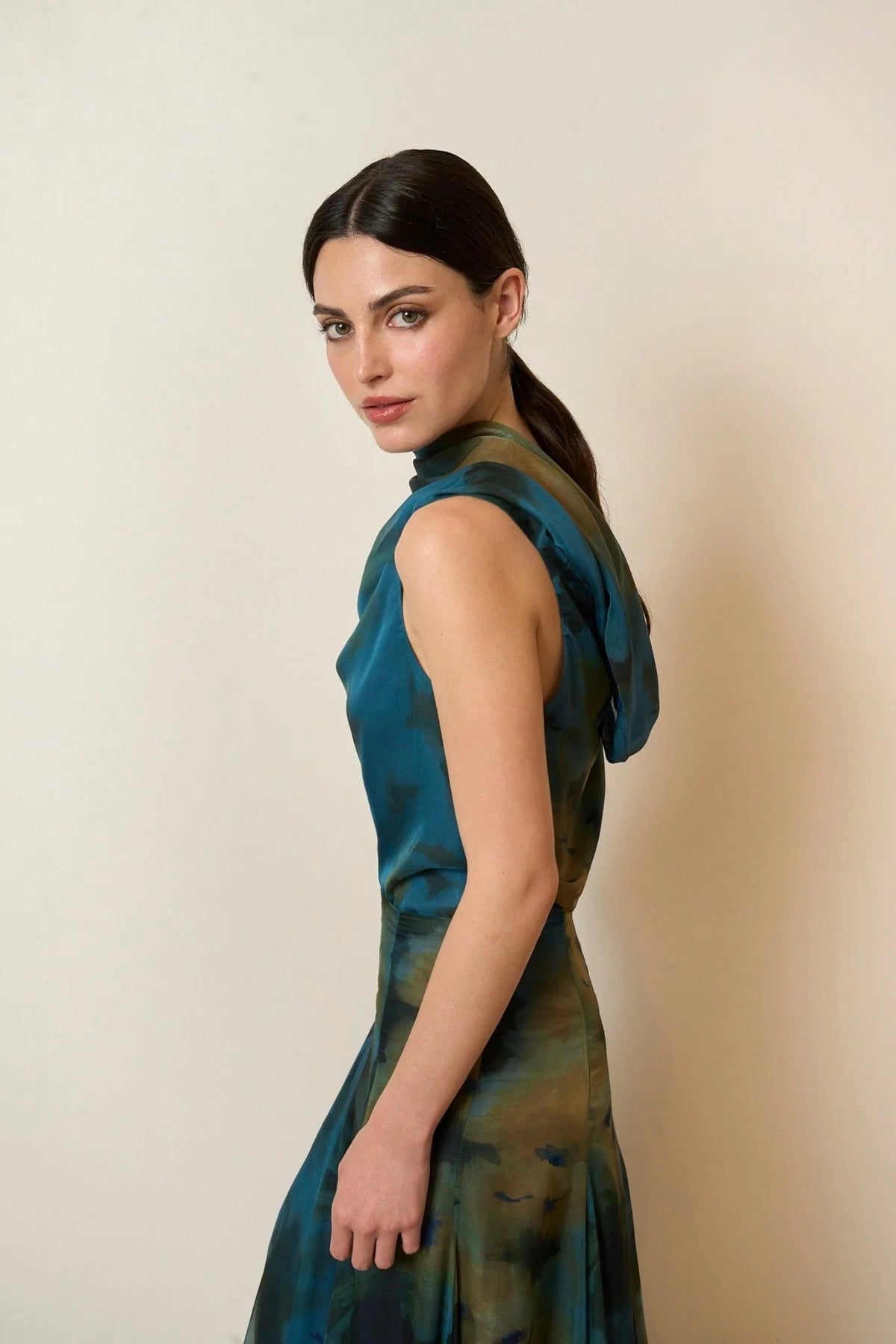Coordinated Draped Neck Abstract Skirt Set