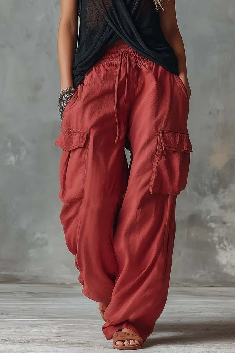 Black Mesh V-Neck Top & Red Cargo Trousers Set