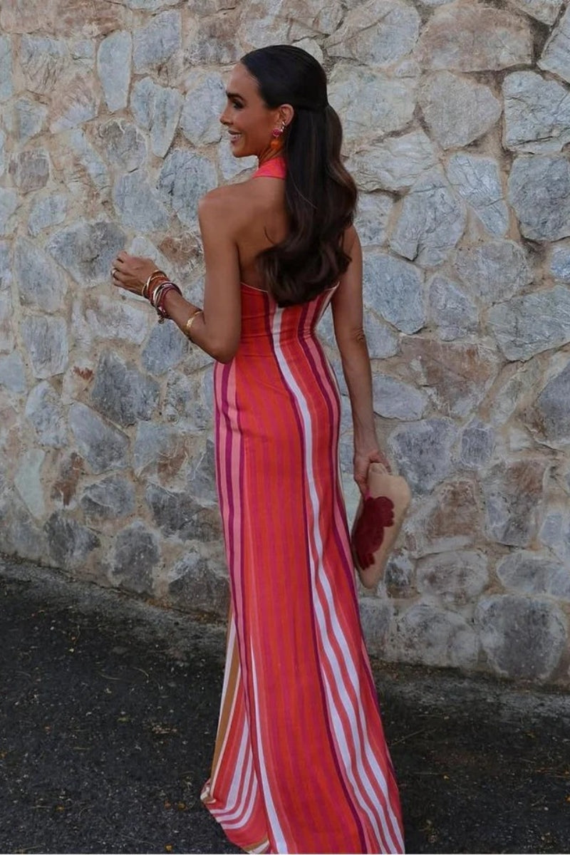 Modern Sunset Samba Cross-Halter Stripe Dress