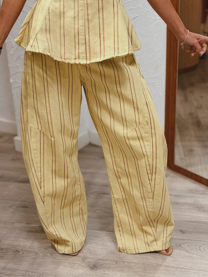 Trousers Set Yellow Striped Peplum Top & Wide-Leg