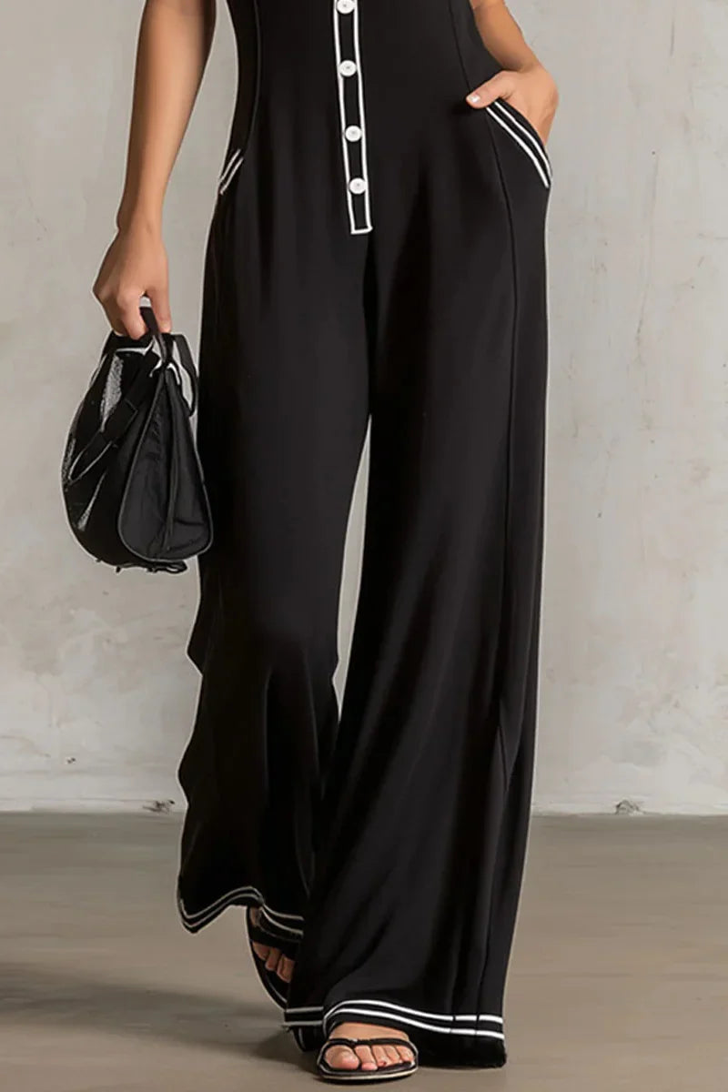 Color-Blocked V-Neck Button-Front Sleeveless Jumpsuit