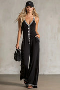 Color-Blocked V-Neck Button-Front Sleeveless Jumpsuit
