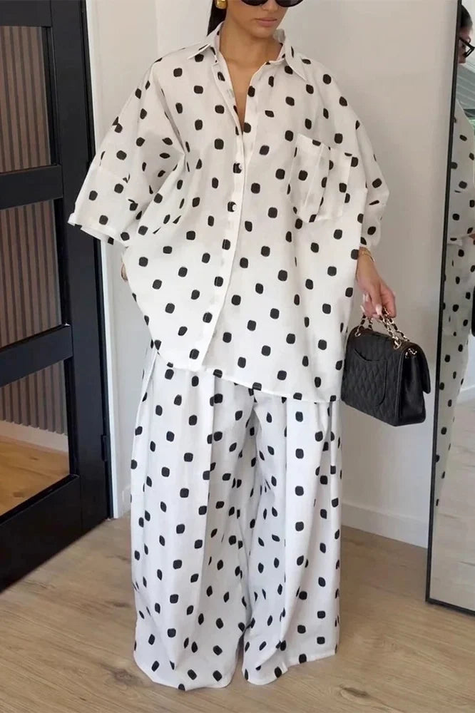 White Black Polka Dot Trousers Set