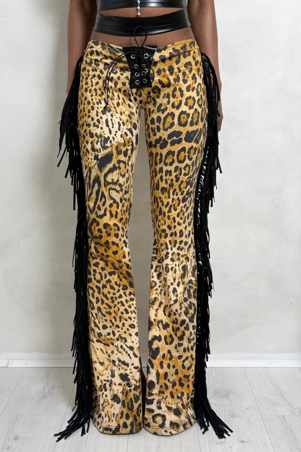 Leopard Fringe Lace-Up Flare Trousers