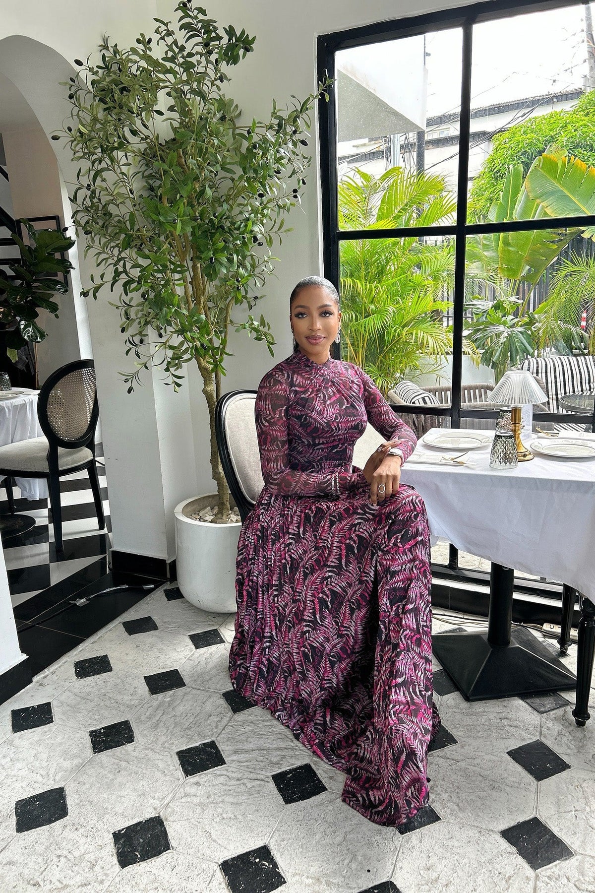 Tropical Print Mesh Maxi-Length Dress