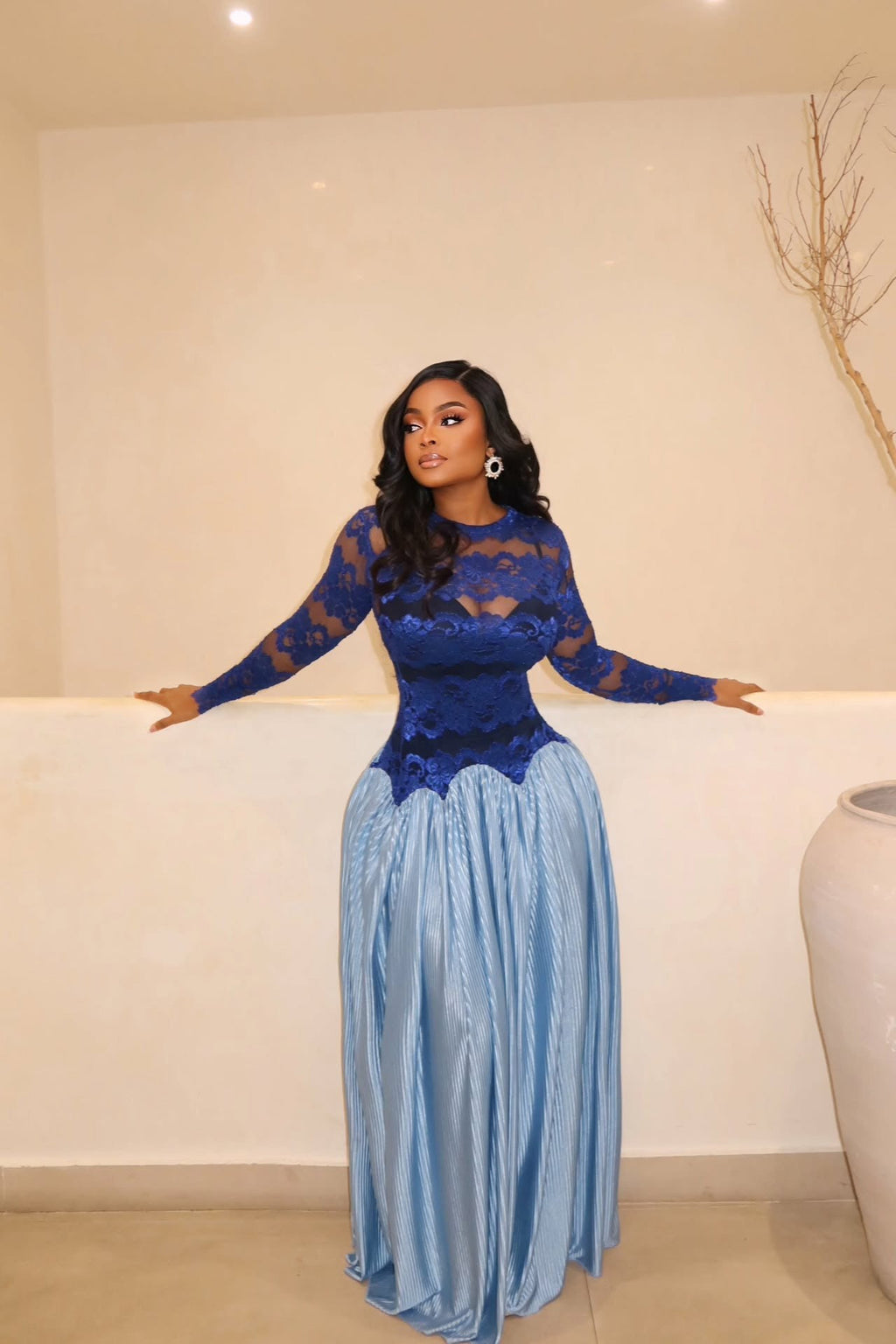 Ocean Blue Pleated Lace Maxi-Length Dress
