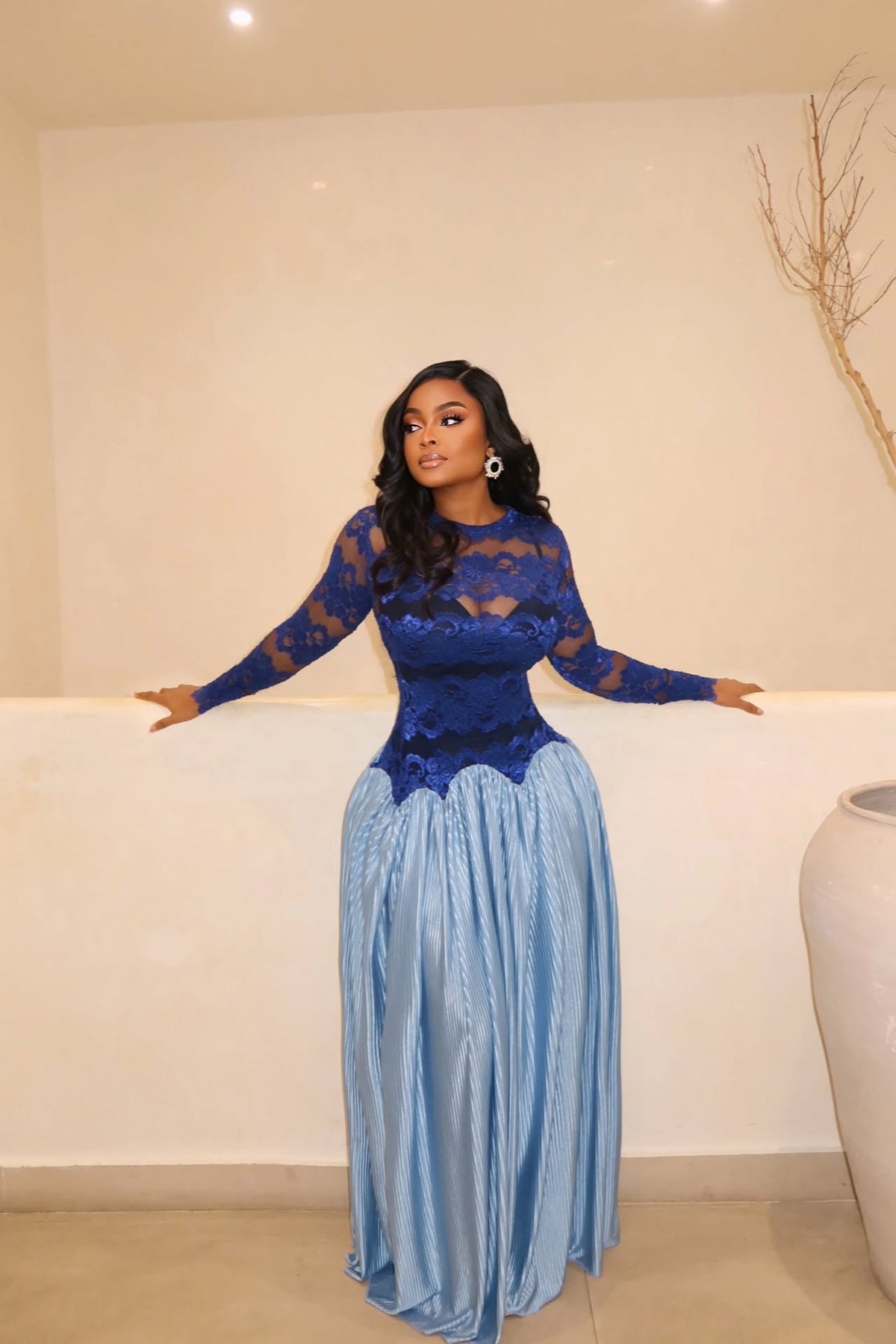 Ocean Blue Pleated Lace Maxi-Length Dress