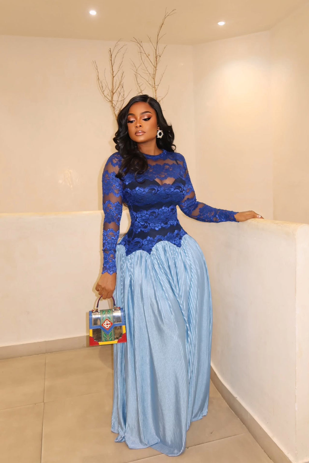 Ocean Blue Pleated Lace Maxi-Length Dress