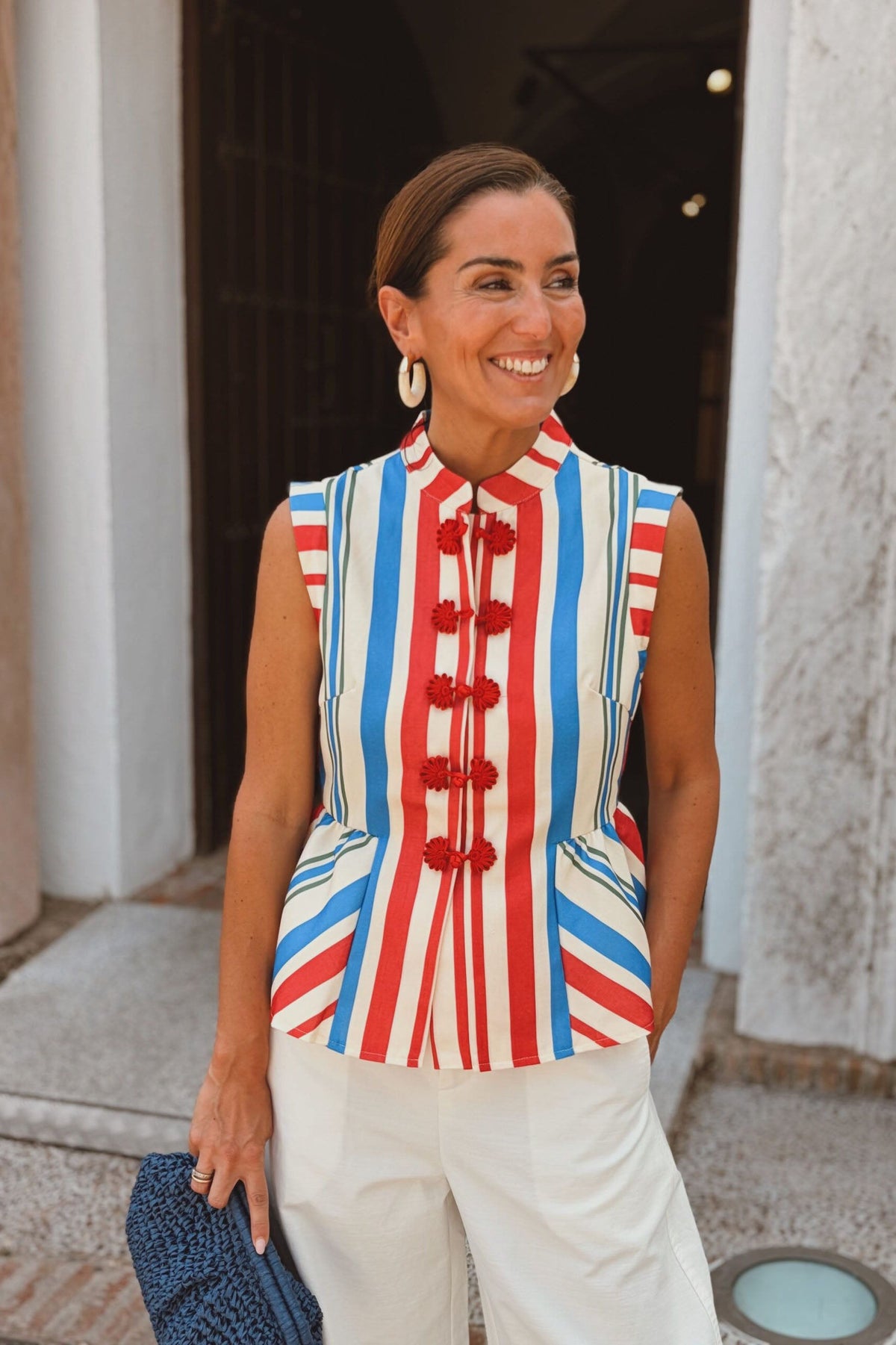 Modern Red Blue White Stripe Mandarin Collar Vest Top