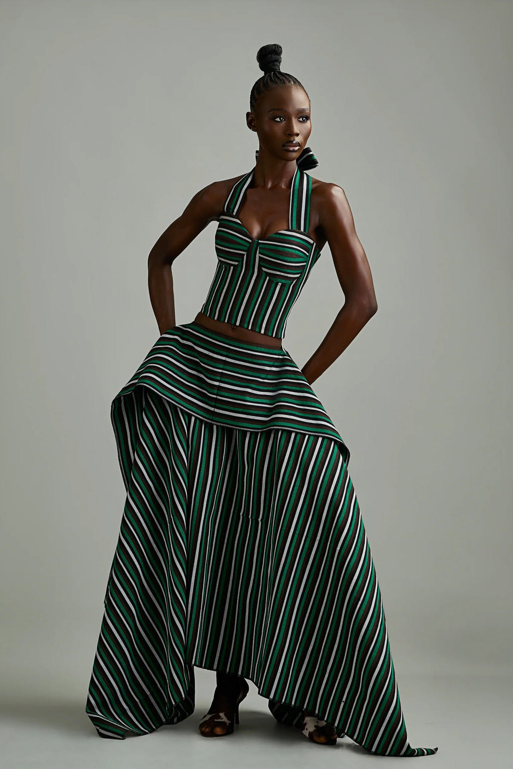 Modern Green Striped Asymmetric High-Low Skirt