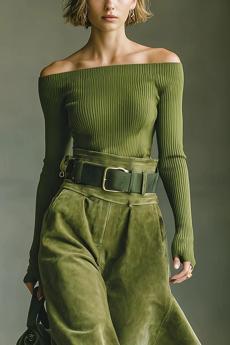 Coordinated Olive green off-shoulder top and faux suede skirt set(Includes belt)