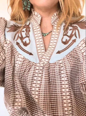 Modern Prairie Horse Gingham Puff Sleeve Blouse