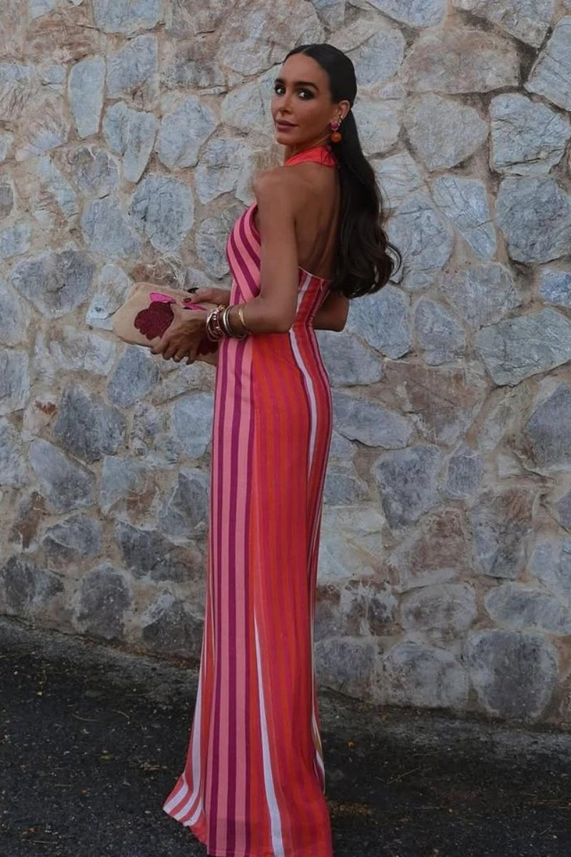 Modern Sunset Samba Cross-Halter Stripe Dress