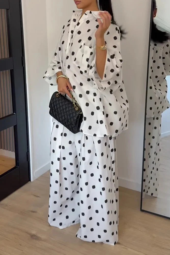 White Black Polka Dot Trousers Set