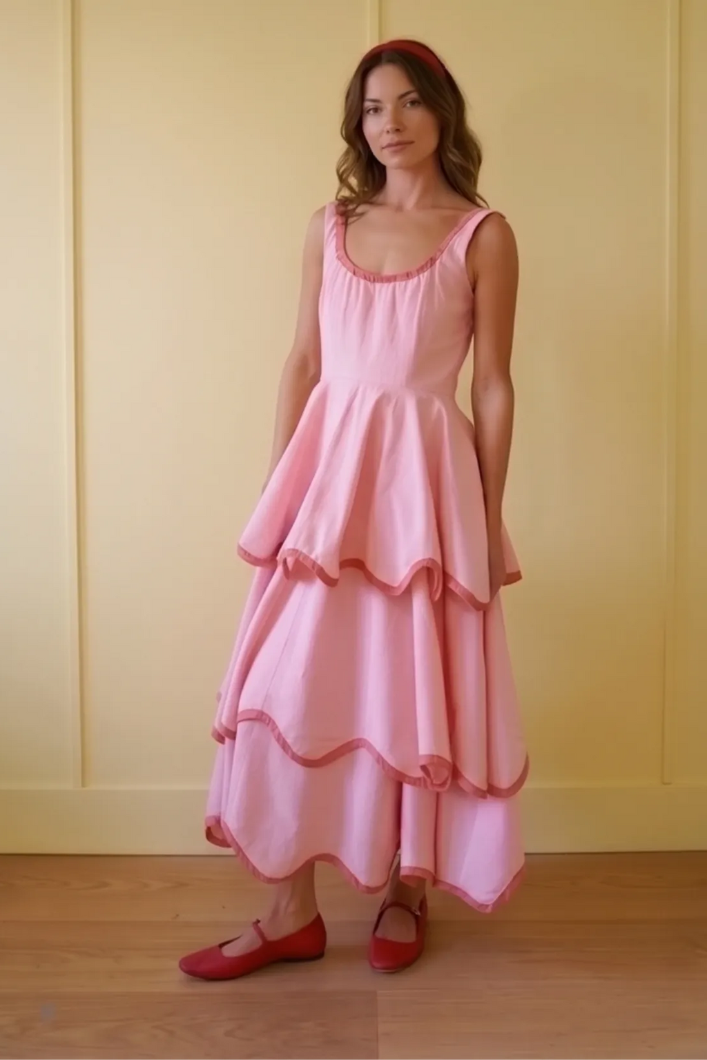 U-Neck Tiered Cake Midi-Length Dress
