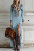 Western Half-Zip Embroidered Faux Suede Fringe Maxi-Length Dress